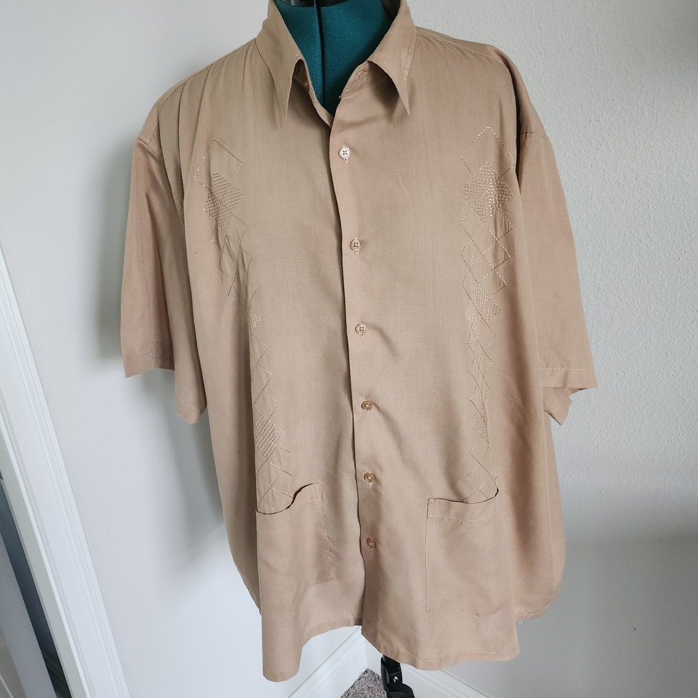 Haband Button Up Shirt Men 3XL Tan Guayabera Cuban Tropical Vintage Short Sleeve
